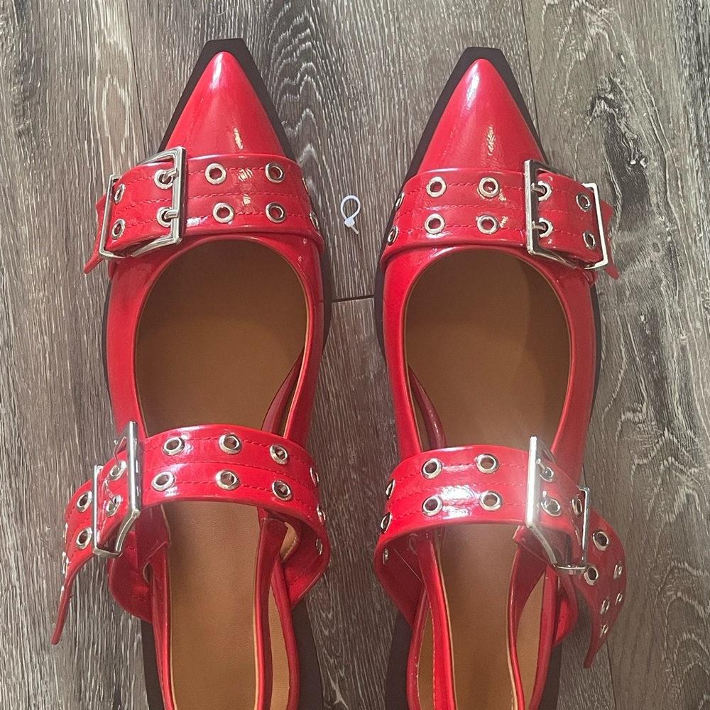 Red Patent Leather Buckle Flats